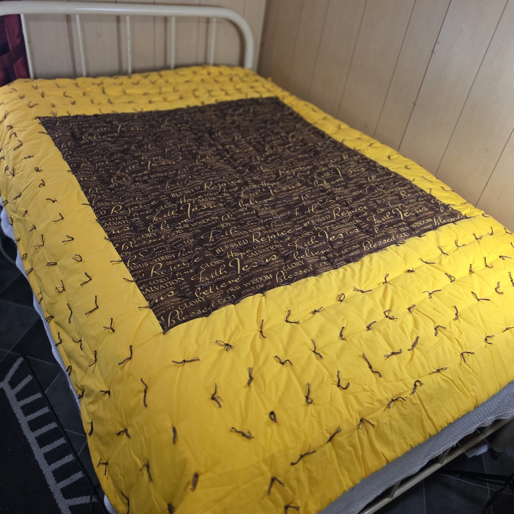 Hand Crafted: Yellow and Brown Quilt w/spiritual messaging. 81L × 66W